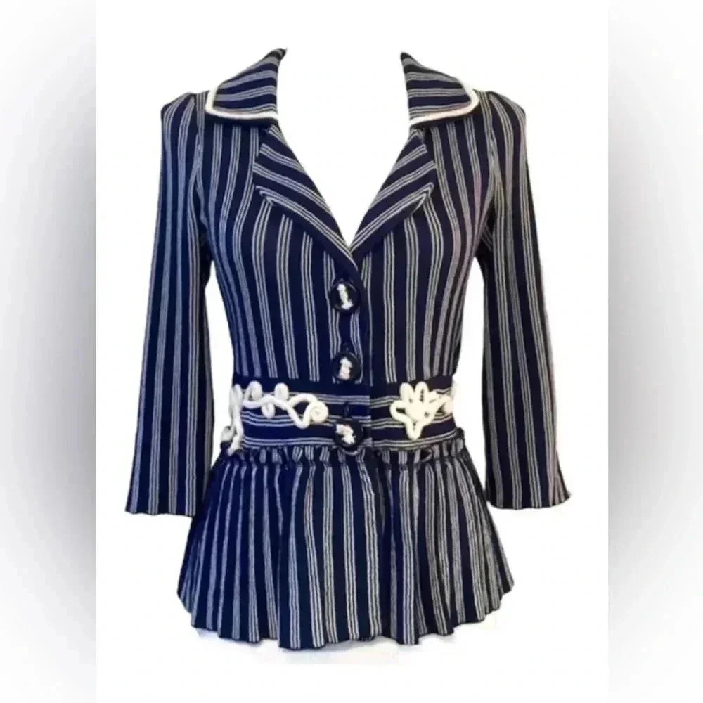 ANTHROPOLOGIE POSTMARK Blue White Striped Nautical Rope Blazer Jacket Medium Euc